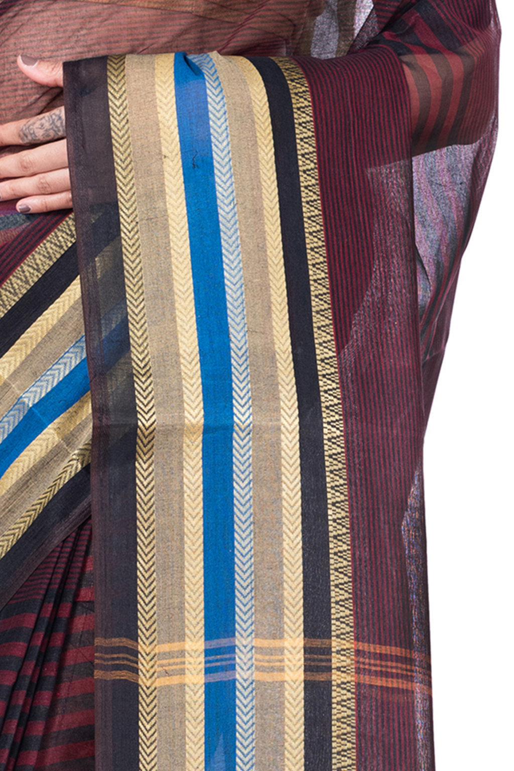 Brown Pure Cotton Khajur_Churi_Strip Tant Saree (657)